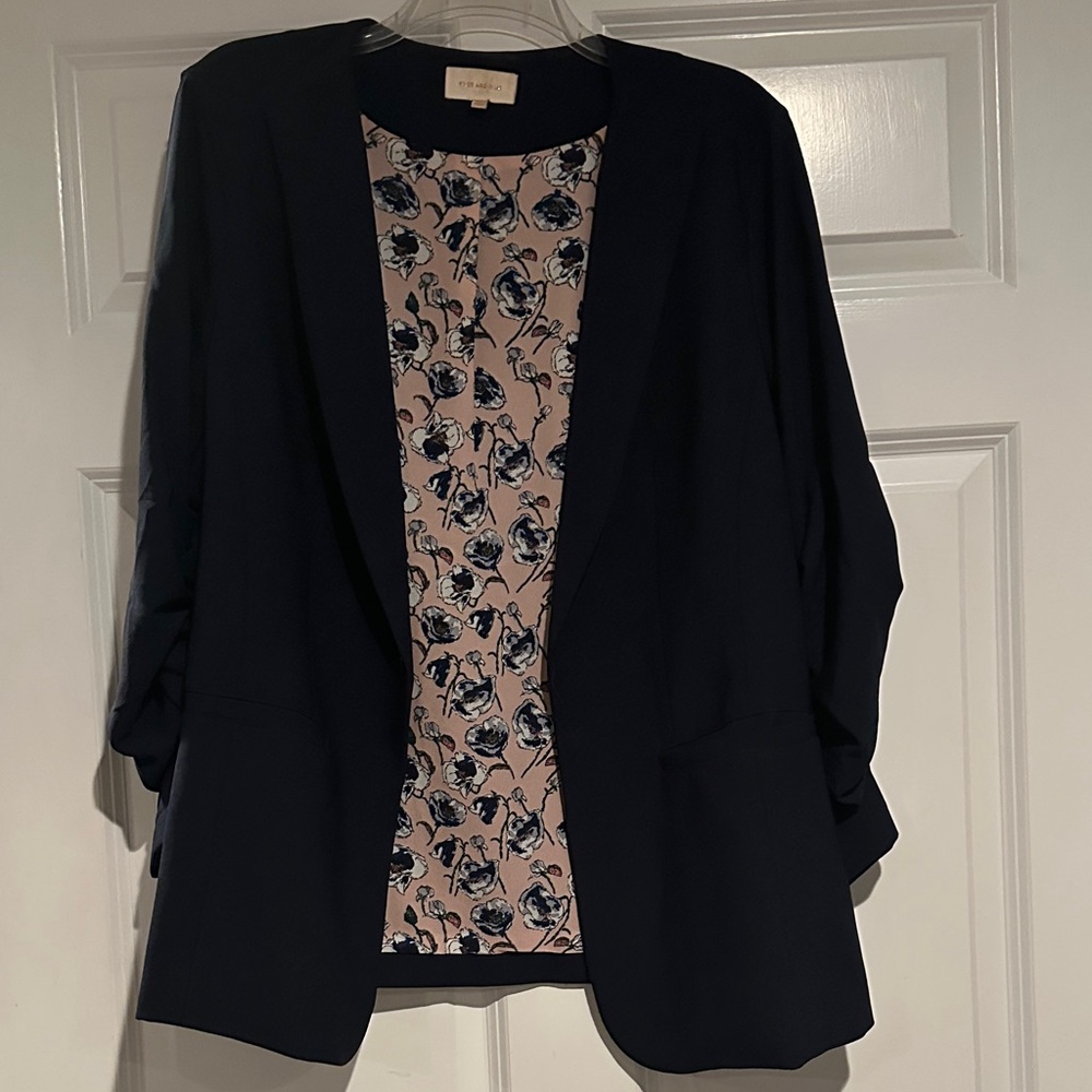 Skies Are Blue Navy Open-Front Blazer with Blush Floral Lining